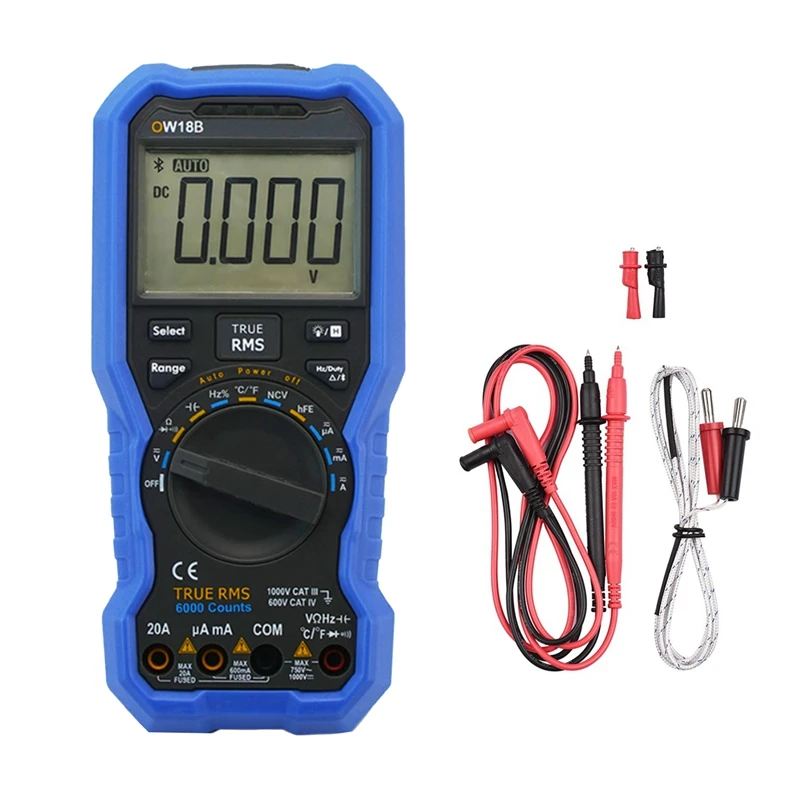 

1Set OW18B Smart Digital Multimeter 20A 3 5/ 6 Digit Auto Range Bluetooth Version Data Multimeter Thermometer Blue Plastic