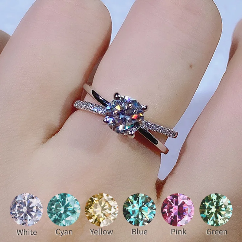 

100% Real Moissanite Ring 1CT Diamond Color Blue Pink Yellow Green 2022 New Trendy Engagement Wedding For Women S925 Silver