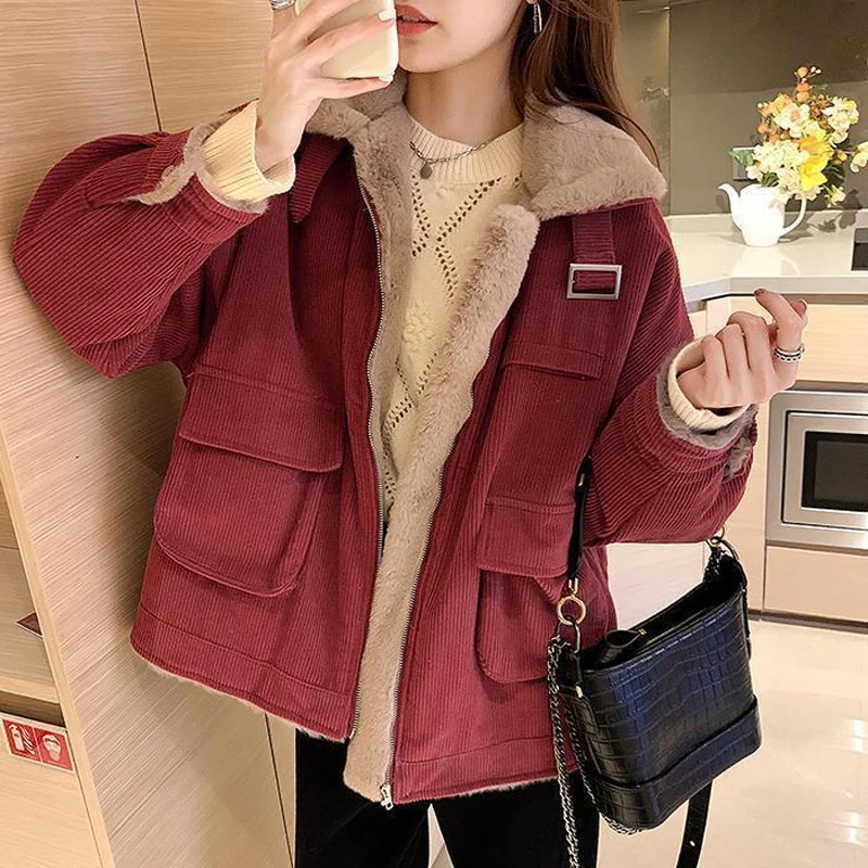 

Fall Winter Thicken Coats Casual Korean Fleece Lined Streetwear Winter Oversized Loose Corduroy Women Warm Cotton Jackets