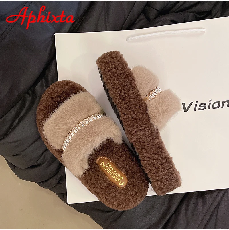 Aphixta 4.5cm Platform Women Warm Cotton Slippers Flat With Bling Shoes Open Toe Slip On Fashion Ladies Shoes