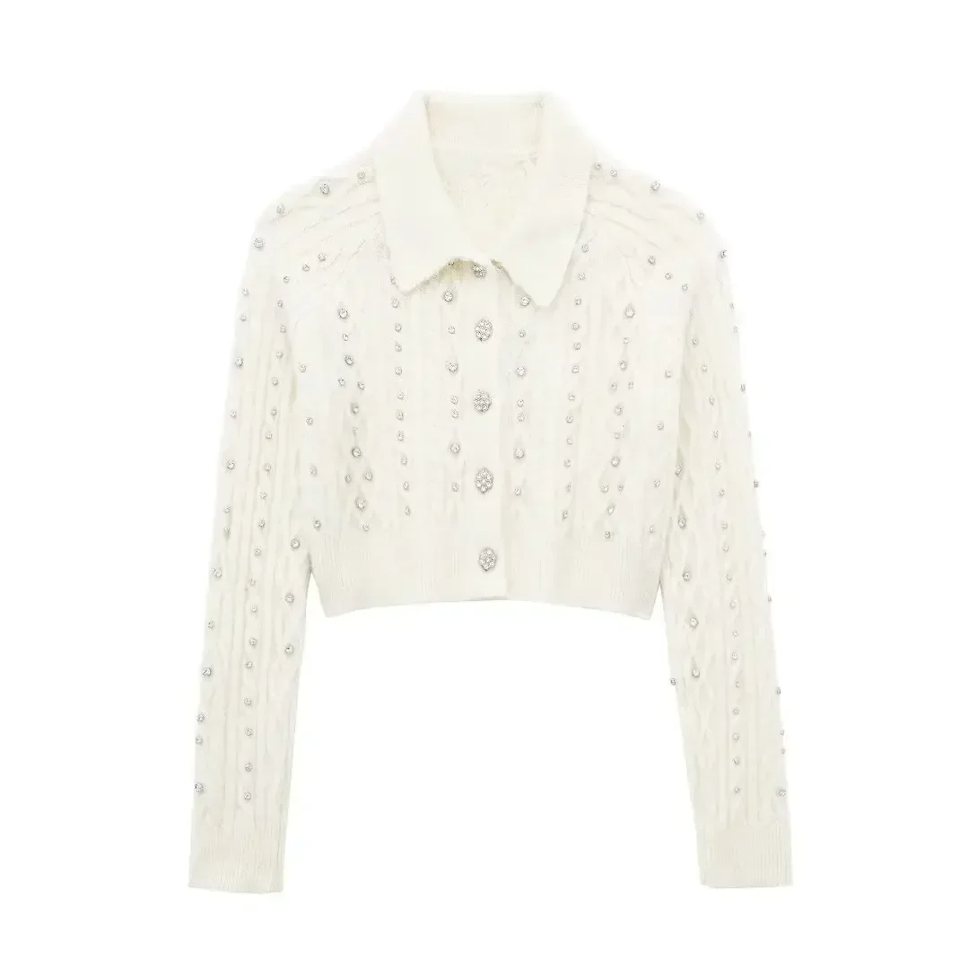 

Women New Fashion Beaded decoration Cropped Slim Knitted Cardigan Vintage Long Sleeve Button-up Female Outerwear Chic Tops