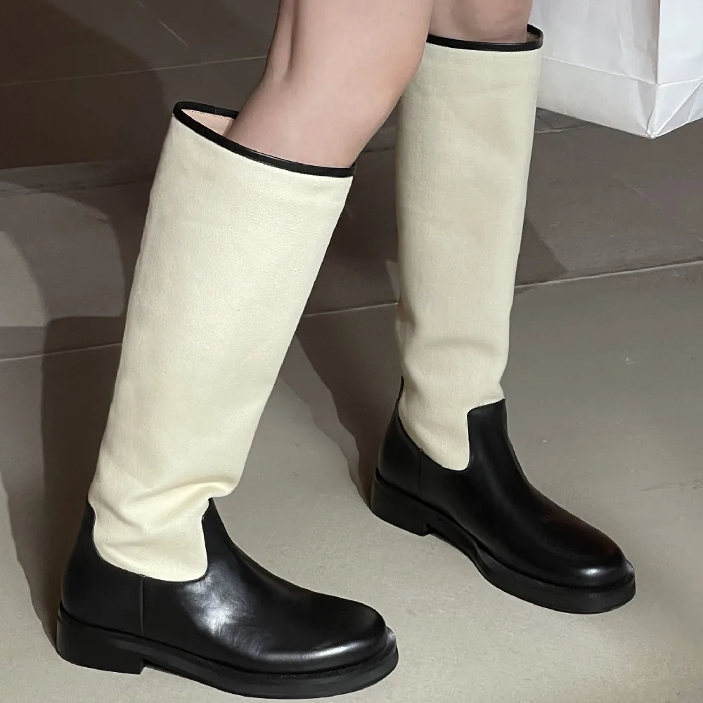 

Women's genuine leather canvas fabric patchwork flats knee high boots round toe punk long boots soft comfortable shoes for women