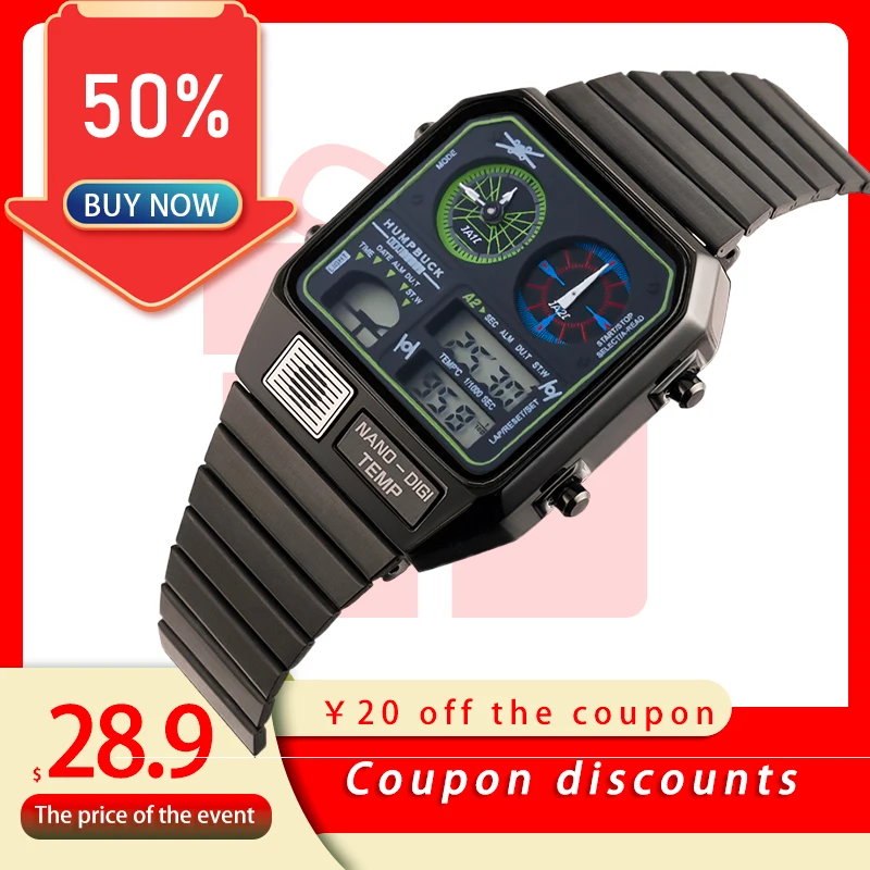 HUMPBUCK Digital 2 Time Mens Watches Fashion LED Men Digital Wristwatch Count Down Alarm Hour For Mens  hombre