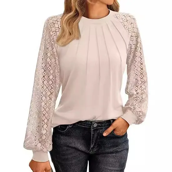 Women Autumn Lace Patchwork Long Sleeve Blouse