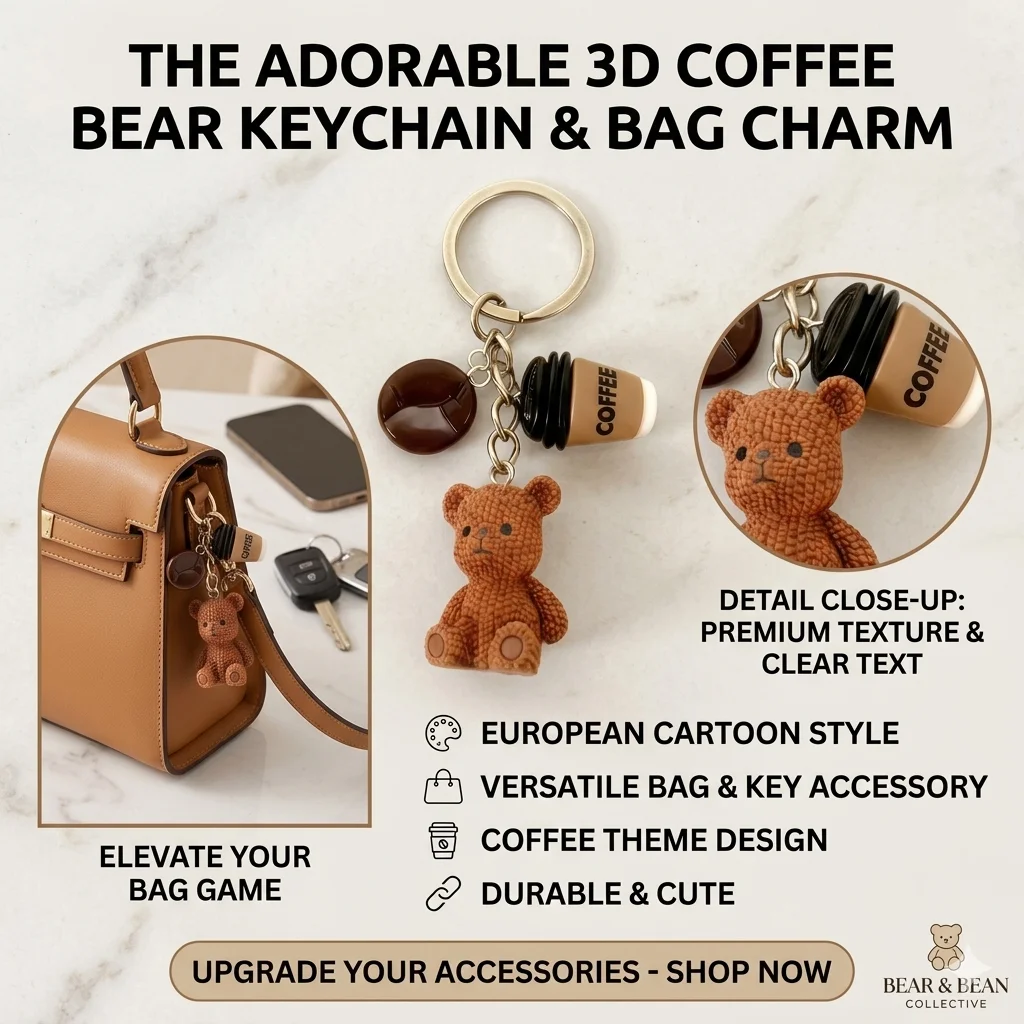 귀여운 테디베어 커피 키체인 3D 레진 곰돌이 커피잔 콩 참 키링 가방 펜던트 여성 소녀 선물 액세서리