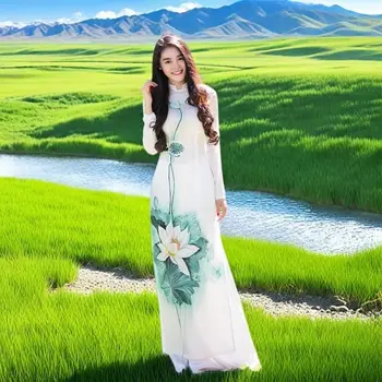 Vietnam Audrey Cheongsam dress Dress Cheongsam Lotus set cheongsam long dress improved Vietnam Audrey Ao Dai qipao dance dress 1