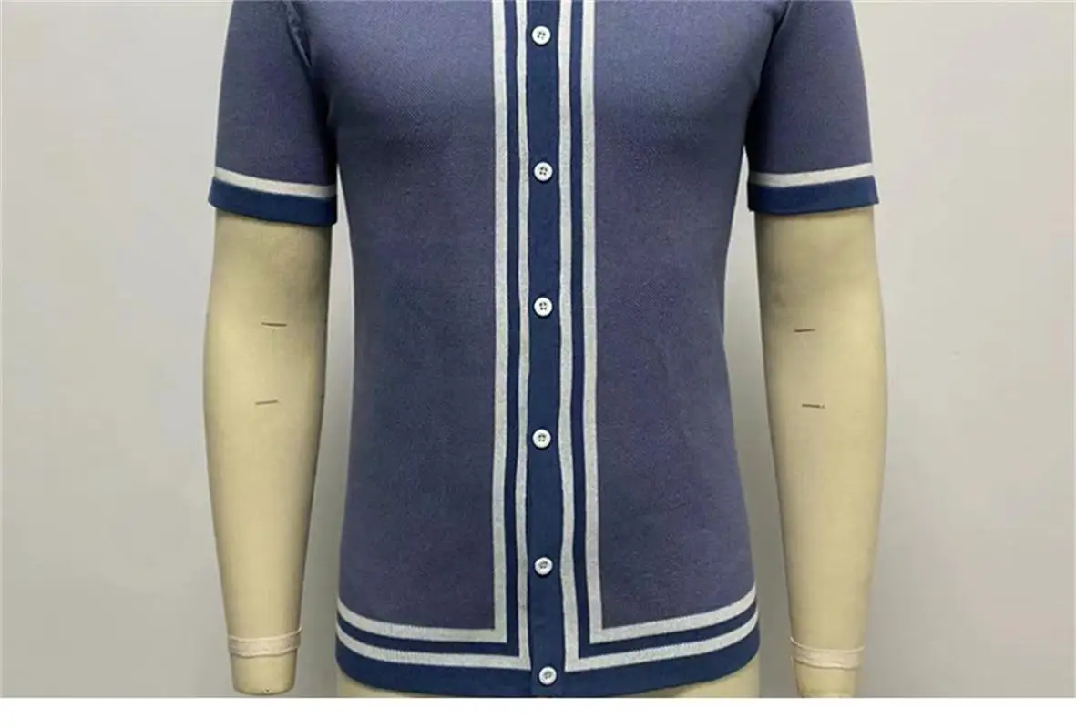 Men's 2023 Summer New Vintage British Style Lapel Jacquard Knitted Button Cardigan Short Sleeve Business Polo Shirt 15 S2e630c7da75f48a09c89d1fe39480d0eX