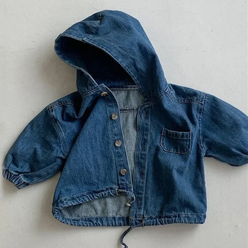 

NEW Korean Spring Autumn Toddler Boys Tops Cotton Denim Corduroy Hoodie Open Stitch Shirts Drawstring Solid Infant Boys Outfit