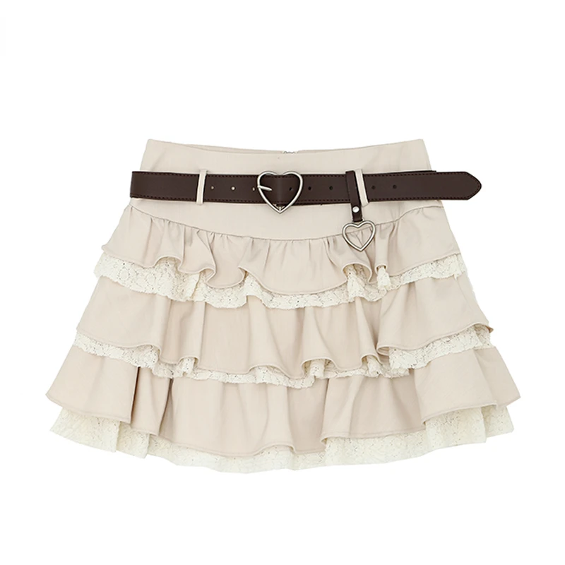 

2023 Ruffle Lace Patchwork A-line High Waist with Belt Women Cake Mini Skirts Zipper Kawaii Female Vintage Gothic Style Skirt