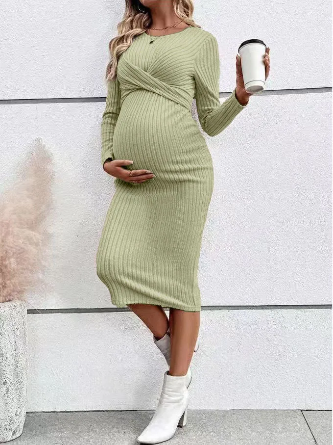 Long-sleeved maternity dress with elegant twist and fit, a one-piece maternity dress 38 S2e6340390a2f40b9a62b4411af73283eL