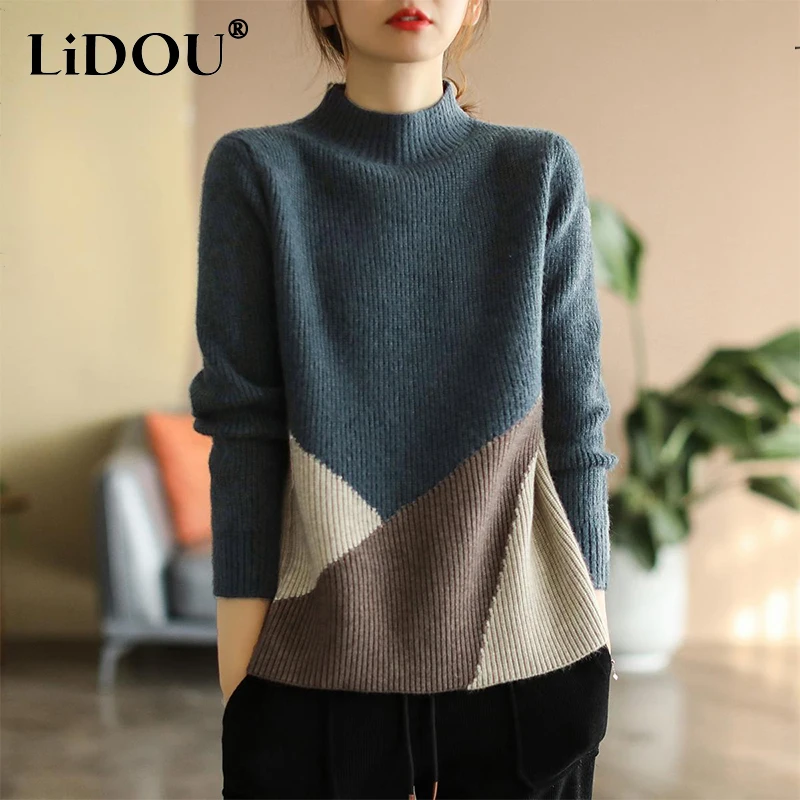 Autumn Winter Half High Collar Elegant Fashion Patchwork Bottoming Sweater Jumper Ladies Slim All-match Knitting Pullover Top