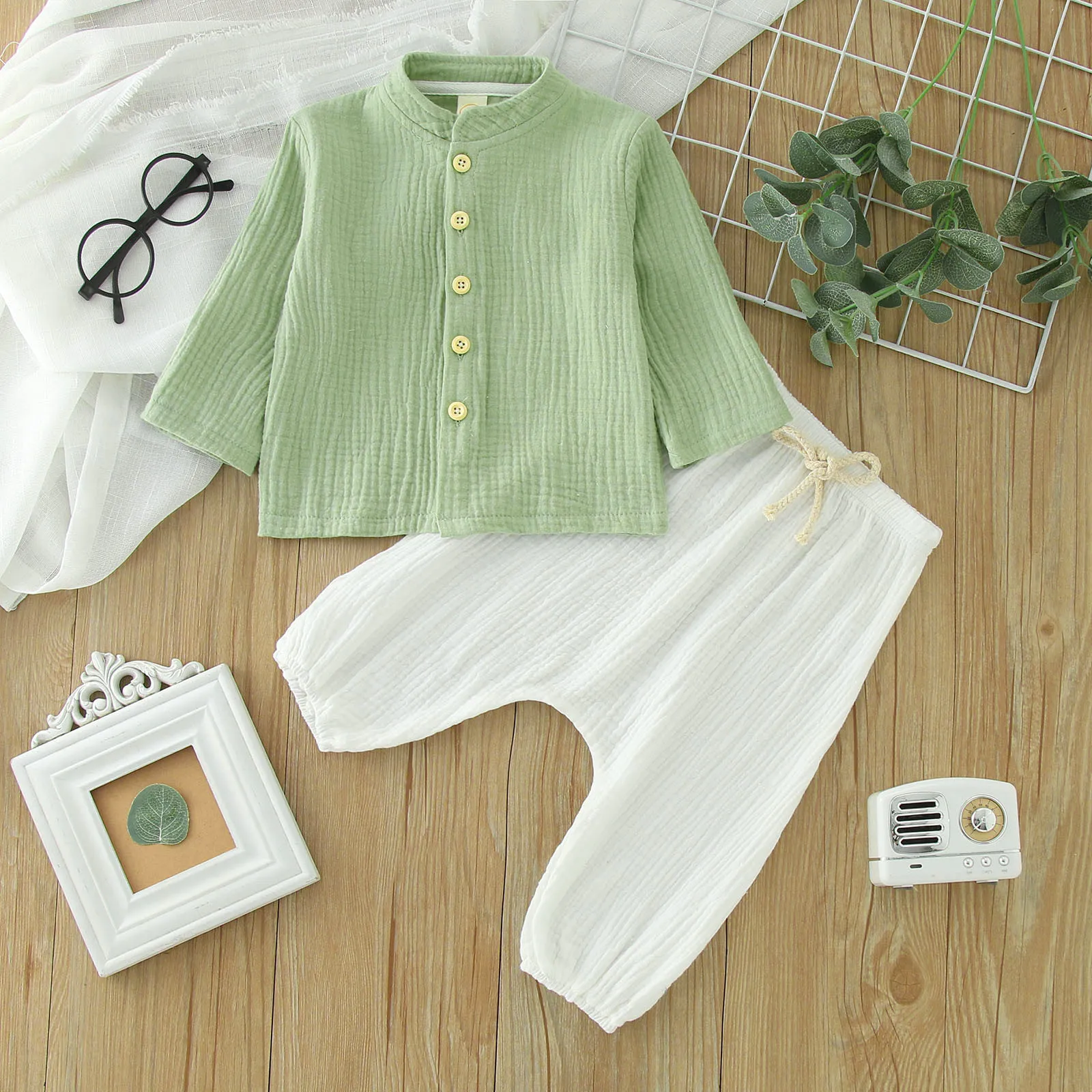 0-4Y Kids Boys Spring Fall Outfits Baby Solid Color Buttons Long Sleeve Shirts Tops + Elastic Waist Long Pants Boys Clothes Sets 3