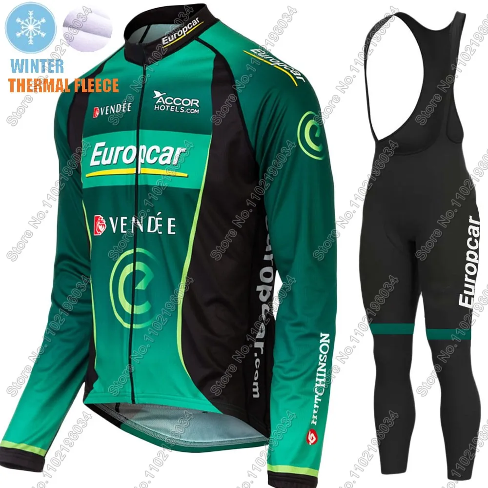 Winter Europcar Cycling Jersey Set Men Long Sleeve Green Thermal Fleece Clothing Suit MTB Bike Road Pants Bib Maillot