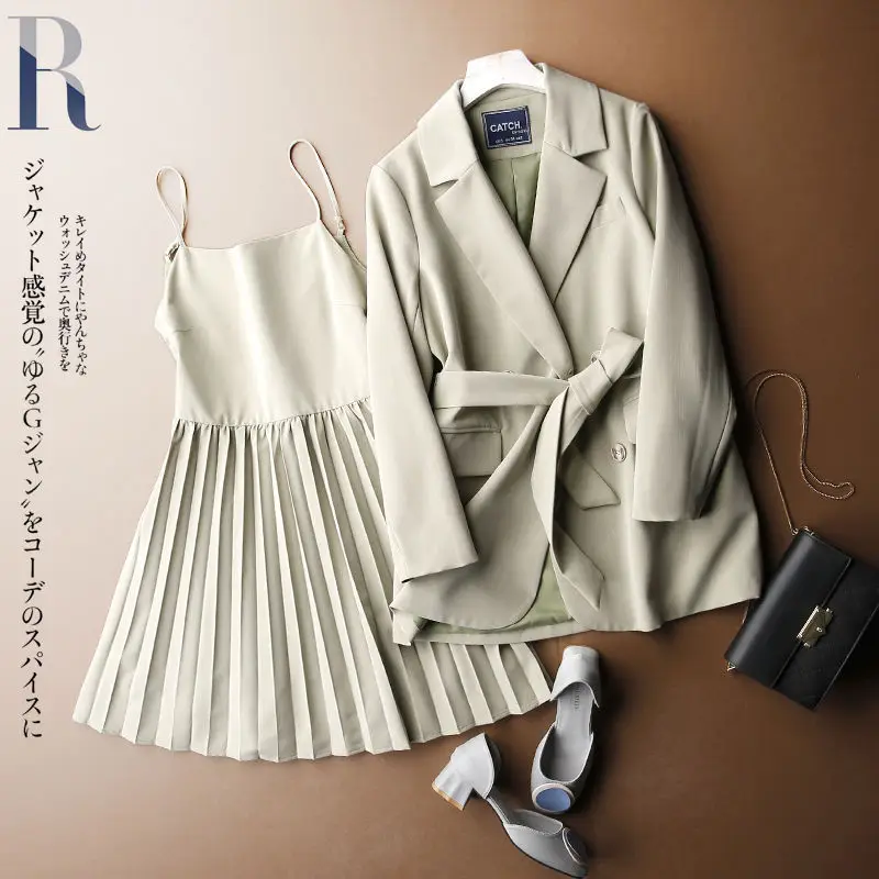 Women's Spring Autumn New Fashion Loose Suit Coat+Suspender DressTwo Piece Korean Elegant Casual Blazer Jacket Pleated Skirt Set