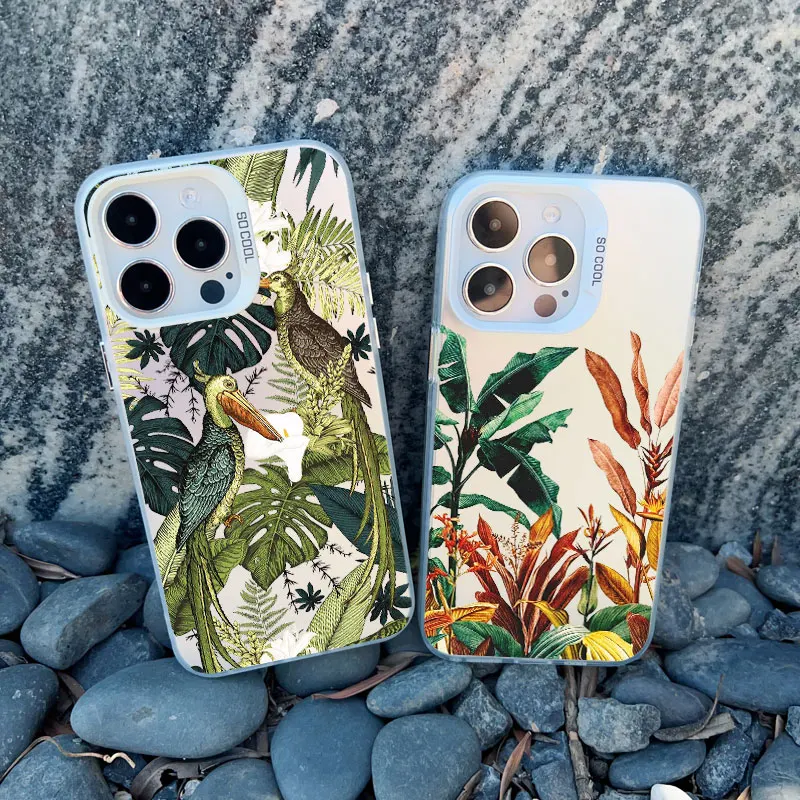 Tropical Monstera Palm Leaf & Bird Design Shockproof Phone Case with Laser Shell Finish