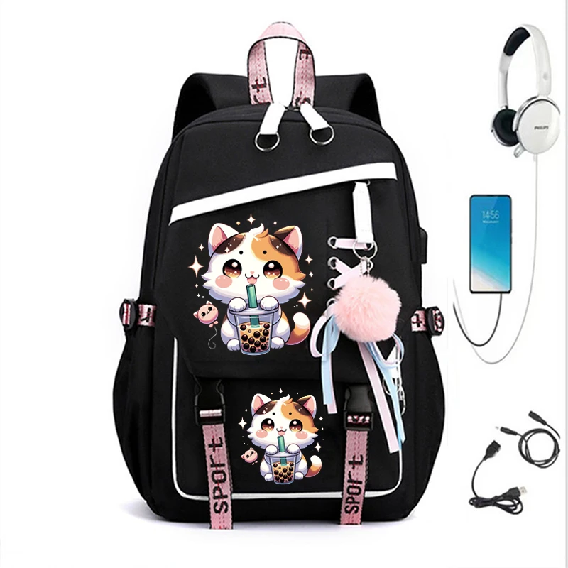 

Cute College Backpack Girl Travel Book Backpack Fashion Ladies Leisure Bagpack Boba Anime Cat Laptop School Bags Usb Bookbags