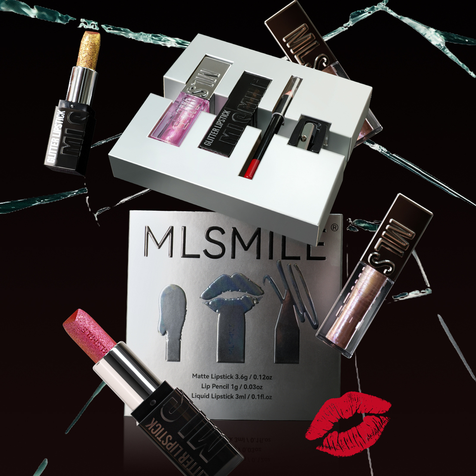 MLSMILE Multi-Combination Burst Lip Kit Fine Glitter Lipstick Lip Glaze + Lip Liner Combo Free Roller Pencil