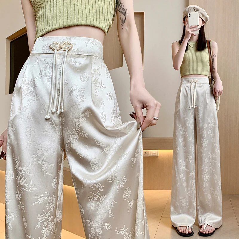 

New Chinese Style Satin Jacquard Wide Leg Trousers for Women's 2024 Summer New High Waist Slim Casual Floor Mop Pants