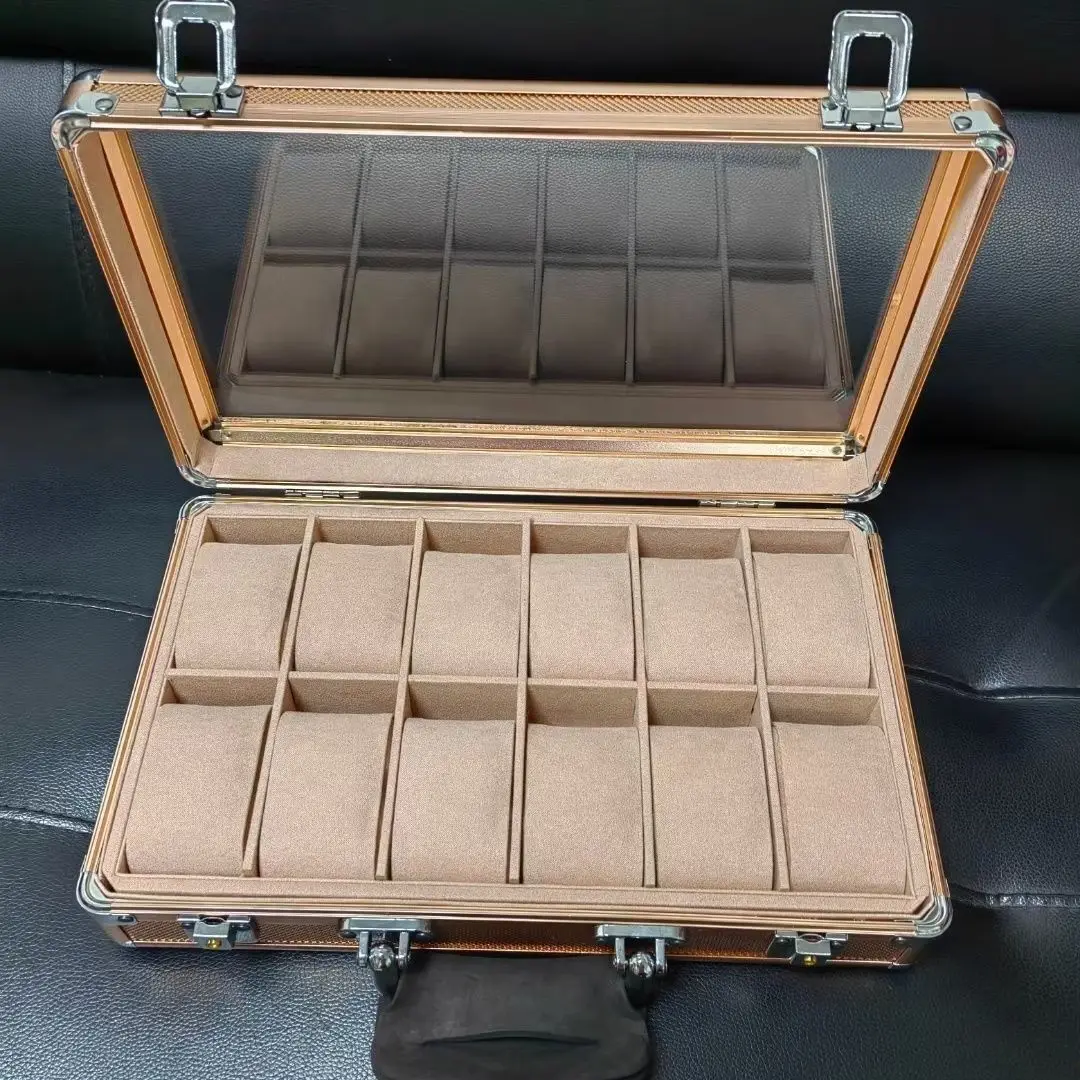 12 Slots Aluminum Jewelry Storage Box with Window, Clear Top Light Luxury Watch Case Organizer for Watches Briefcase
