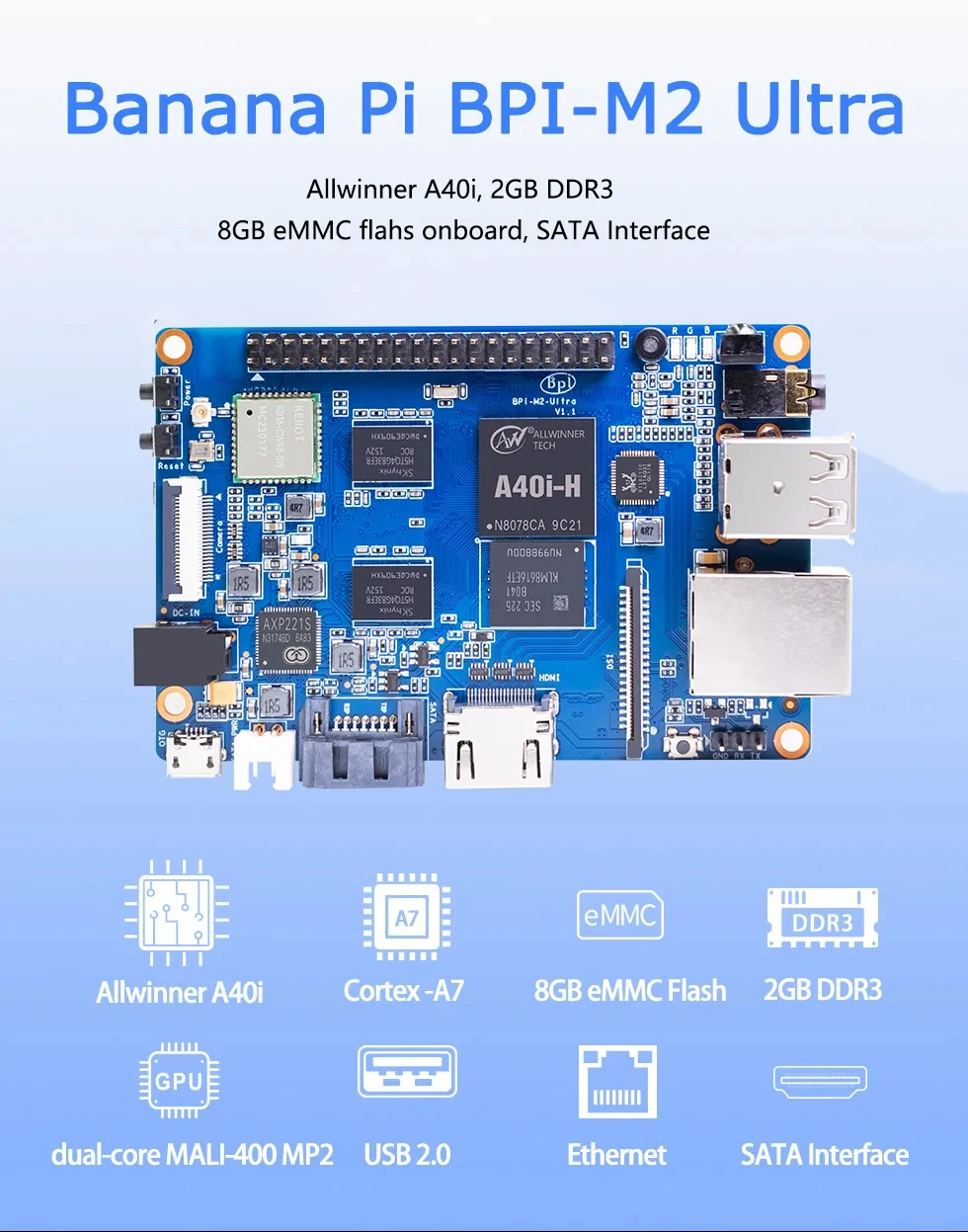 Banana Pi BPI-M2 Ultra Single Board Computer Allwinner A40i 2GB DDR3 RAM 8GB eMM