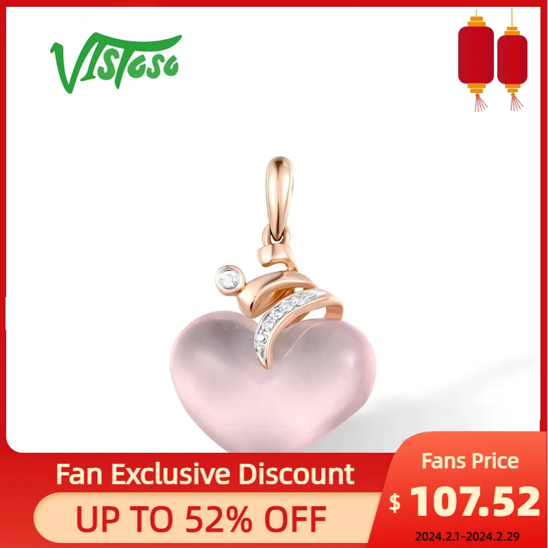 

VISTOSO Pure 18K 750 Rose Gold Pendant For Women Sparkling Diamond Pink Quartz Heart Pendant Elegant Dainty Trendy Fine Jewelry