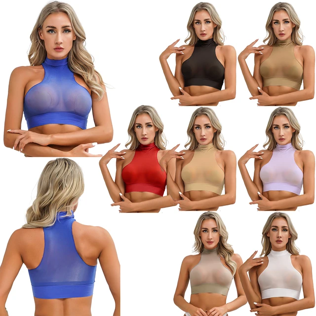 Womens See Through Crop Tops Sheer Mock Neck Bra Sleeveless Tight Cami Vest  Glossy Slim Fit Vest Tops for Swimwear Nightwear - AliExpress