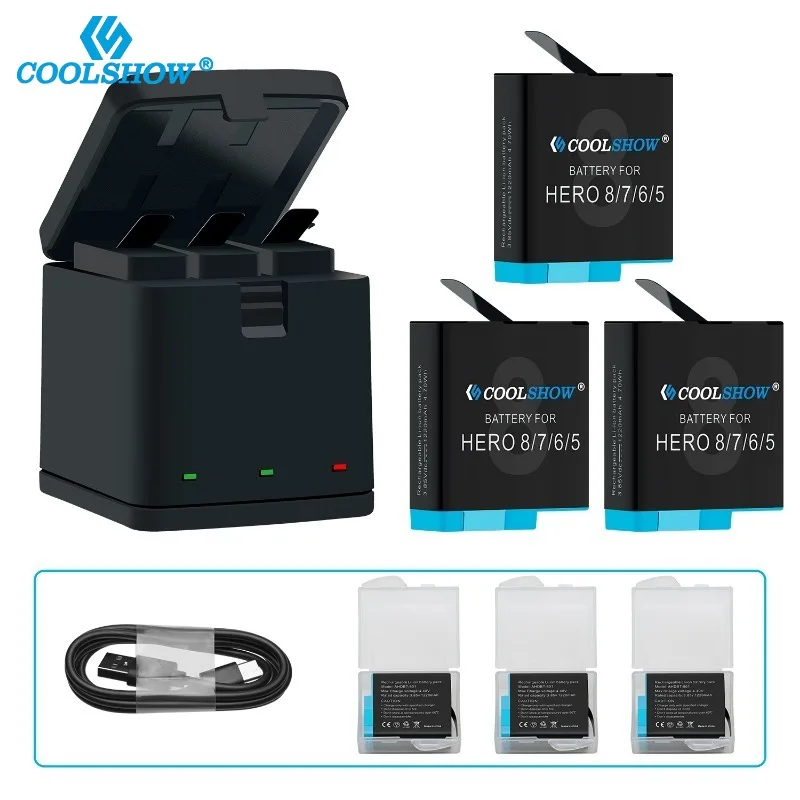 Coolshow Per Gopro Hero 8 Caricabatteria Nero 1220Mah Per Hero 5 Hero 6 Hero 7 Hero 8 Batterie Accessori Per Fotocamere