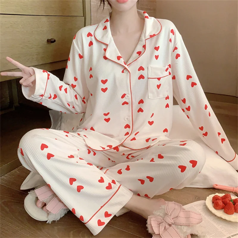 Spring Autumn Women's Waffle Jacquard Pajamas Lapel Long Sleeve Cardigan Pants Casual Home Clothing Set Sweet Cute Sleepwear