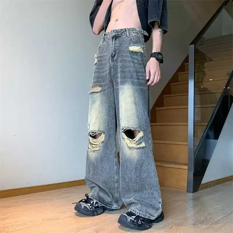 American style trendy hip-hop men and women retro washed ripped jeans loose and personalized straight leg wide leg casual pants 2