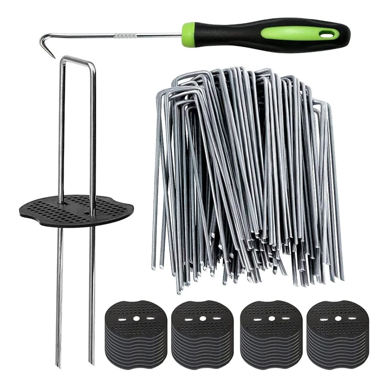 

Скобы для сада + прокладка 100 шт., 6-дюймовые скобы для газона, ландшафта, 11 калибр, U-образные оцинкованные штифты для ландшафта