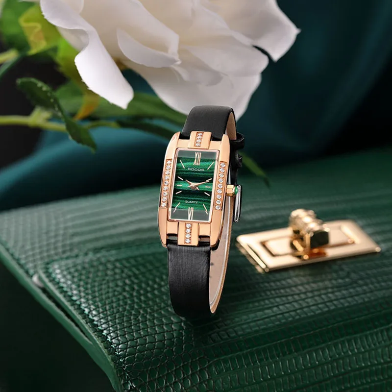 ROCOS Women Watches Rectangle Fashion Quartz Watch Women Quartz Watches Luxury Simple Diamond Green Dial WristWatch R209S