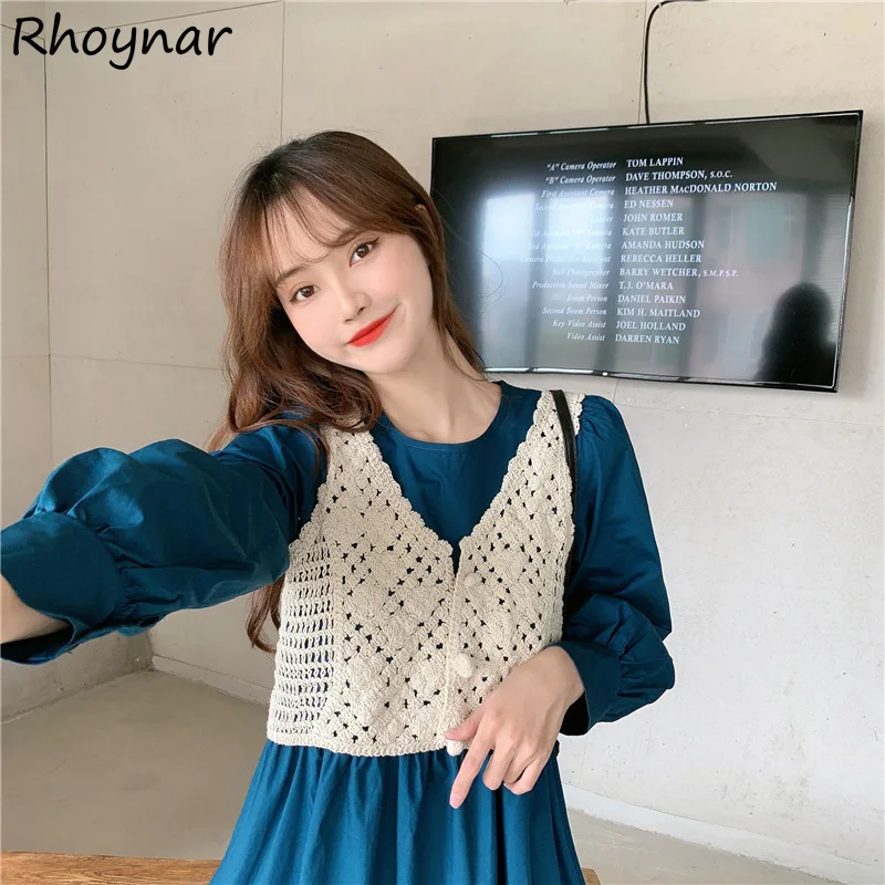 

Solid Knitted Vests Women Spring Hollow Out Single Breasted V-neck Vintage All-match Sweet Lovely Age-reducing Fashion Cozy Fit