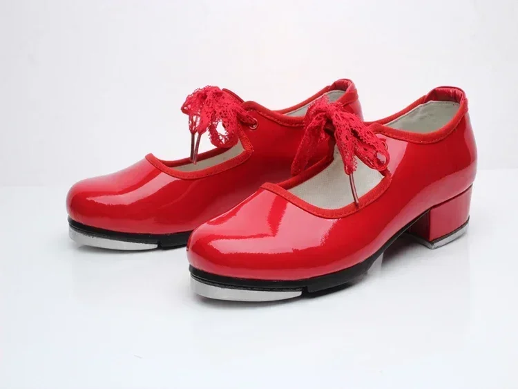 Black White Red Teenagers Kids Tap Dance Shoe Patent Leather