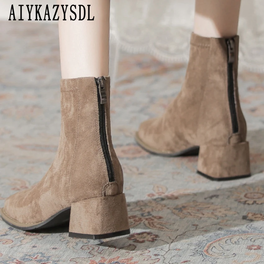 

AIYKAZYSDL Fashion 2023 Square Low Med Heel Ankle Boots Faux Suede Short Boots Khaki Casual Shoes Modern Work Office Lady Bootie