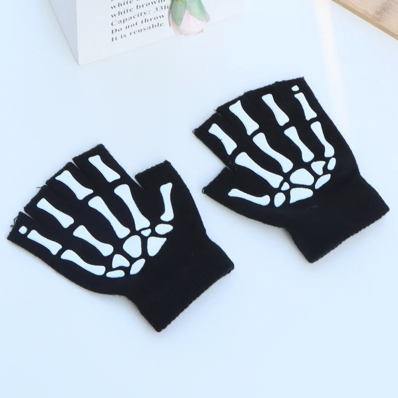 Guanti Scheletro Senza Dita Unisex - Maglia Elasticizzata Termica Per Inverno, Costume Halloween, Accessori Stile Scheletro, Bianco E Nero