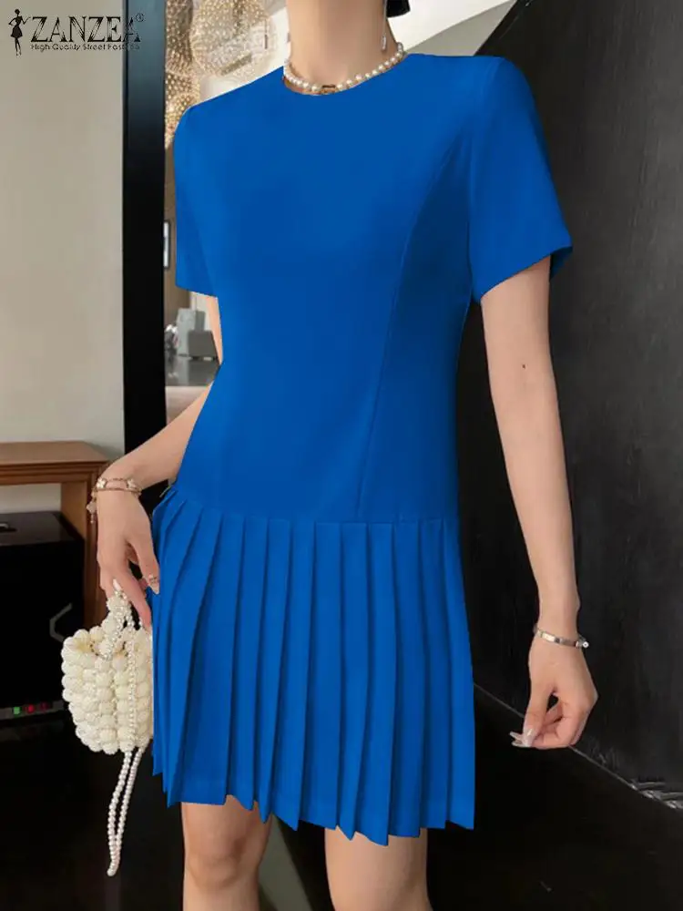 

ZANZEA 2024 Summer Women Mini Pleated Dresses Fashion Patchwork Elegant Casual Vintage Slimming Vestidos Short Sleeve Dress Robe