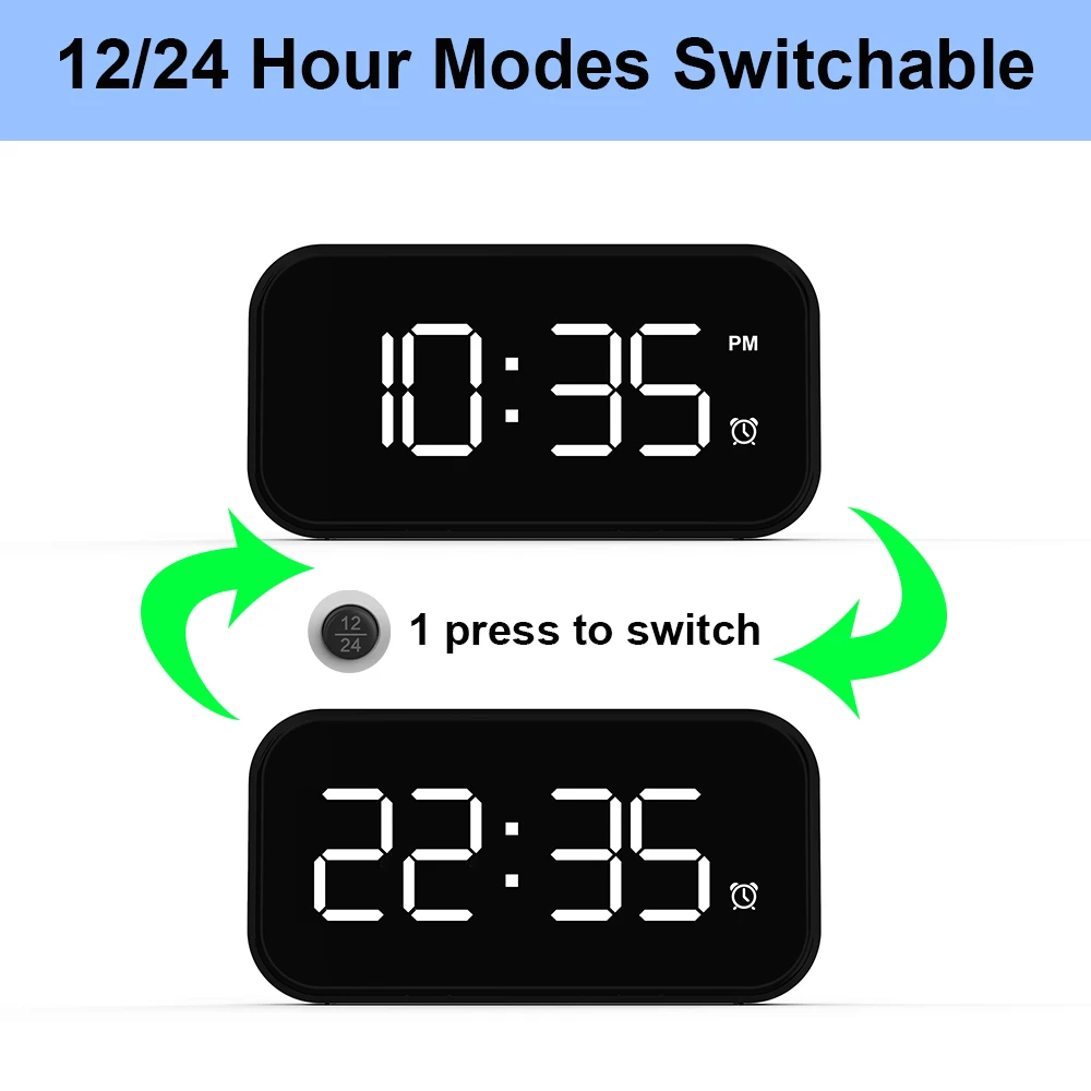 Digital Touch Alarm Clock 5 Inch Black Full Screen Fashion White /Green Display 100dB Extra Alarm Clock Home Decor for Bedroom 6