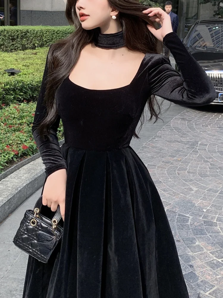 가을과 겨울 복고풍을 담은 게지 미디 원피스 세트, 우아하고 성숙한 왕실 자매 패션 11 벨벳 우아한 이브닝 파티 미디 드레스, 여성용 블랙 프랑스 빈티지 드레스, 한국 원피스 드레스, 가을 2021, 겨울 신상