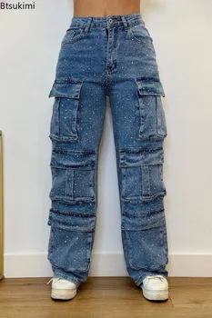 New 2025 Women's High Waist Cargo Denim Jeans with Full Rhinestones Sparkling Casual Baggy Pants Streetwear Chic Daily Trousers