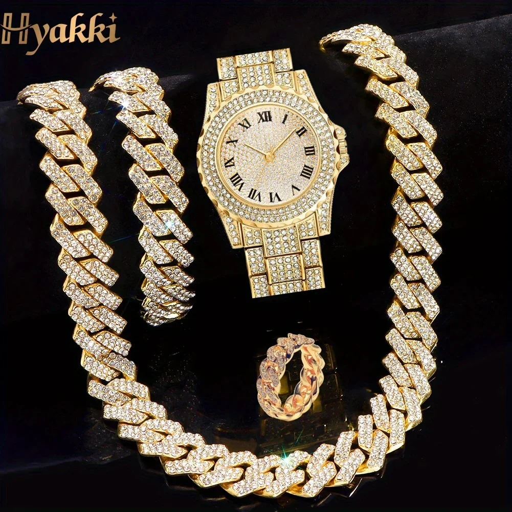 4 pieces/1 piece, shiny Hyakki men's rhinestone jewelry set - electronic quartz watch, stylish alloy case,
