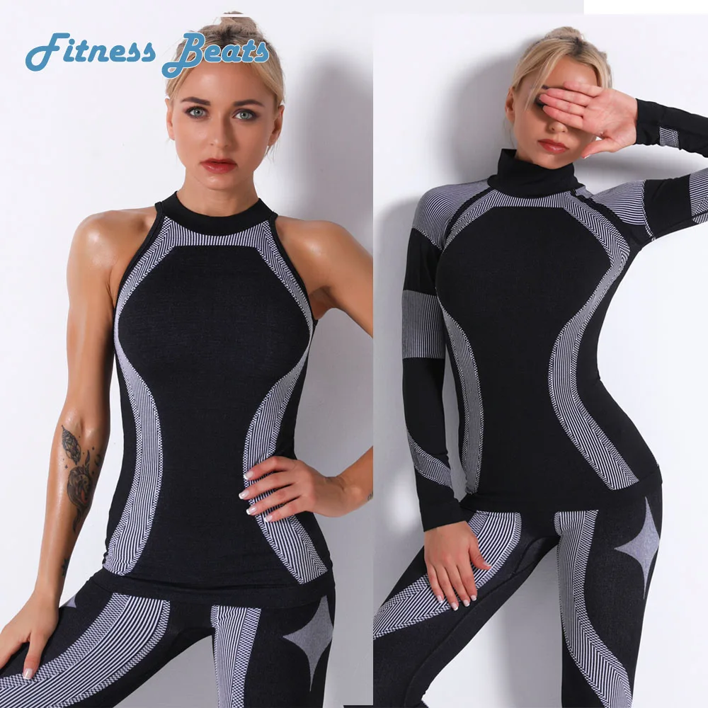 

Seamless Knitting Sexy High Collar Tank Vest Long Sleeved Top Yoga Woman Clothing Gyn Sports Running Fitness Stripe Fast Drying