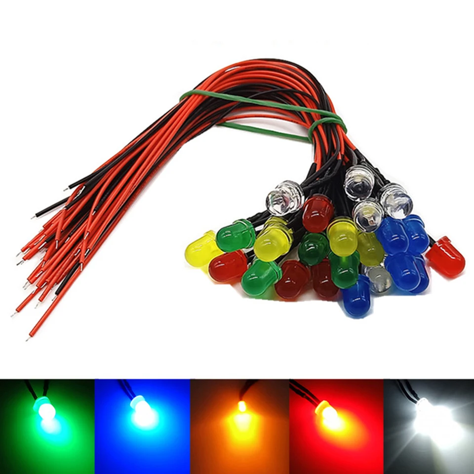 10mm LED mit 20cm Kabel Leuchtdiode Dioden 3V 6V 12V 24V 36V 48V 72V 110V 220V e