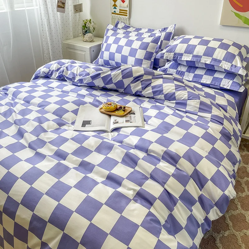 

Checkerboard Printed Bedding Set With Quilt Cover Flat Bed Sheet Pillowcase For Kids Girls Boy Single Double King Size Bed Linen