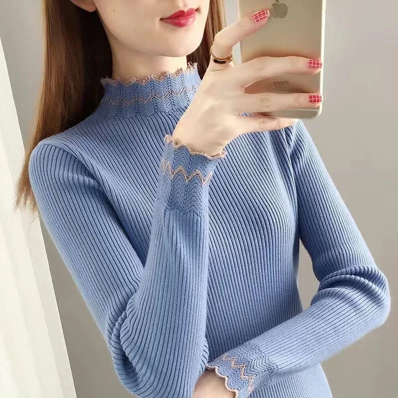 

Half Turtleneck Slim Spliced Knitted Pullovers Woman 2023 Winter Flocking Sweater Casual Shirring Warm Knitwear Tops T209