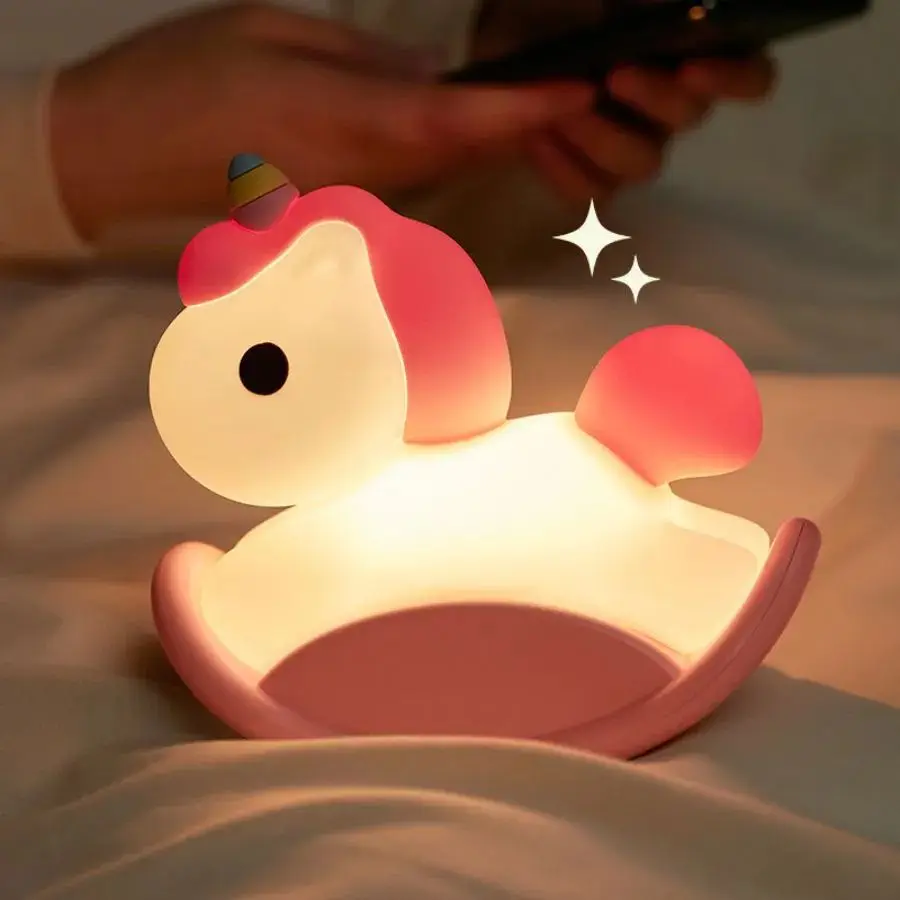 어린이용 야간 조명 트로이 목마 램프, USB 충전식, 귀여운 실리콘 동물, 조도 조절 가능, 침실 장 수면 야간 조명