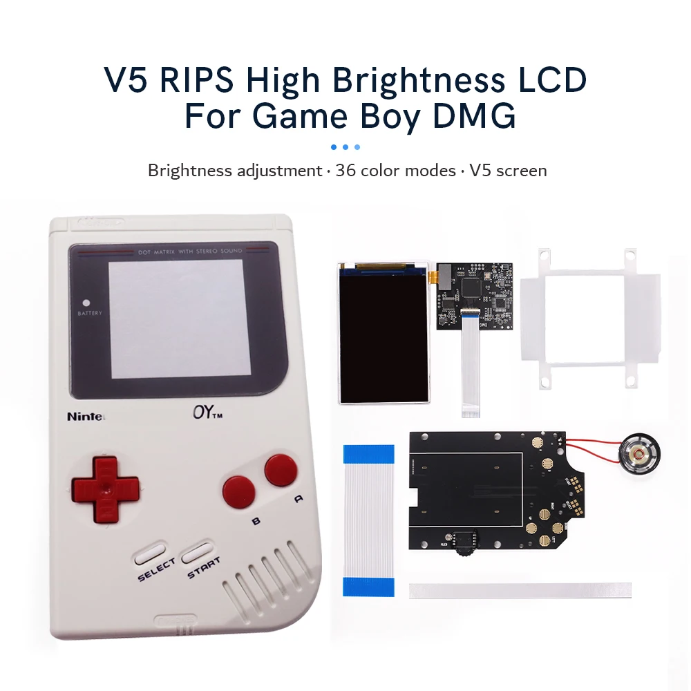 Guscio Pretagliato Bianco + Pulsante Rosso V5 Osd Colore Modello Retroilluminazione Luminosità Schermo Lcd Ips Per Game Boy Classic Gbo/Dmg