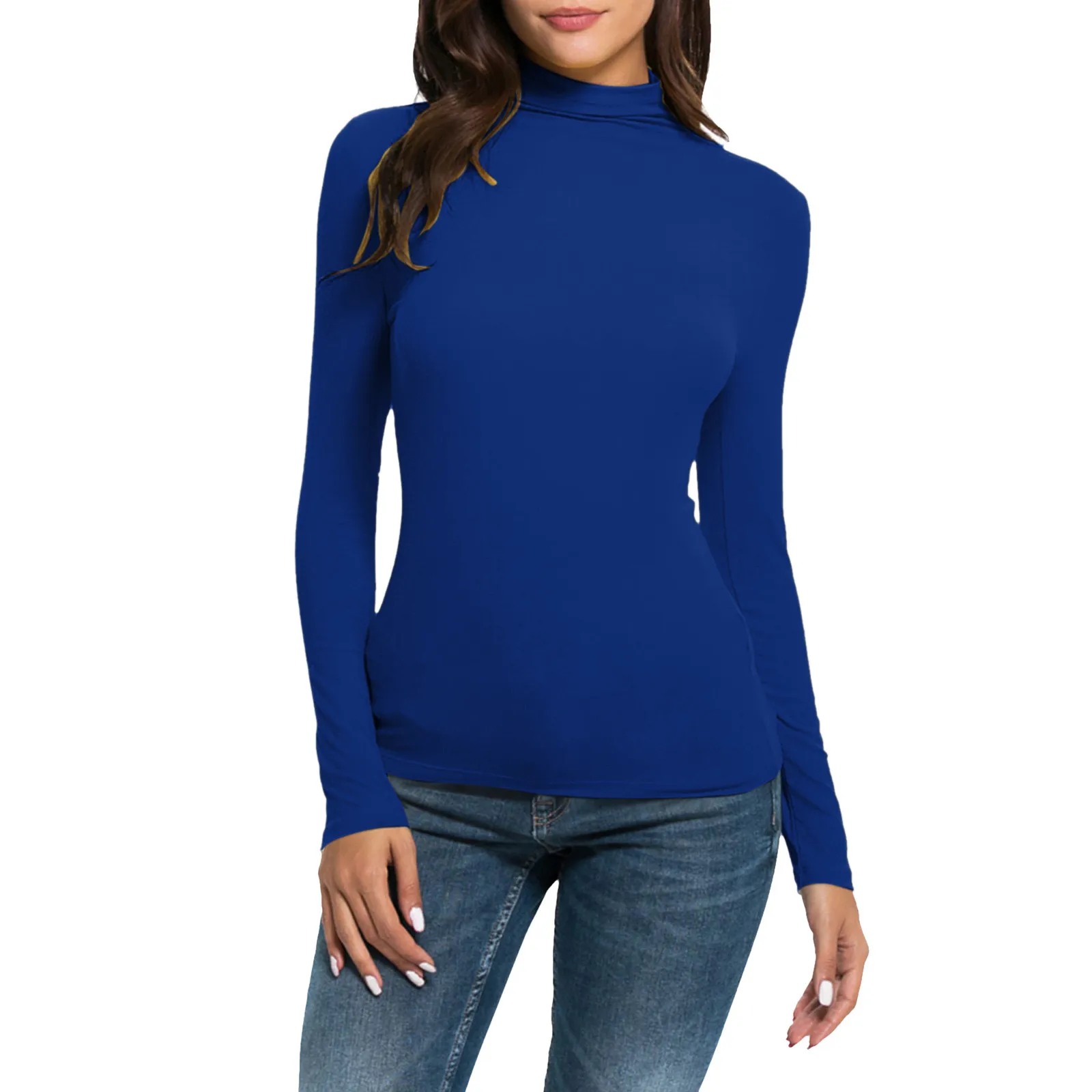 Womens Long Sleeve Turtleneck T Shirts Sexy Slim Fitted Casual Basic Tee Tops Solid Color Stretch T-Shirt Ladies Clothes 2