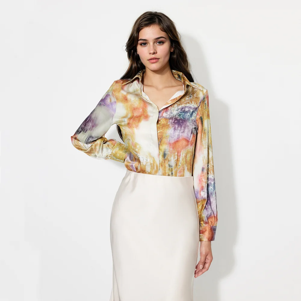 TAOP&ZA Women's 2024 Spring New Lapel Layered Tone Printed Silk Satin Textured Shirt Women 2784140