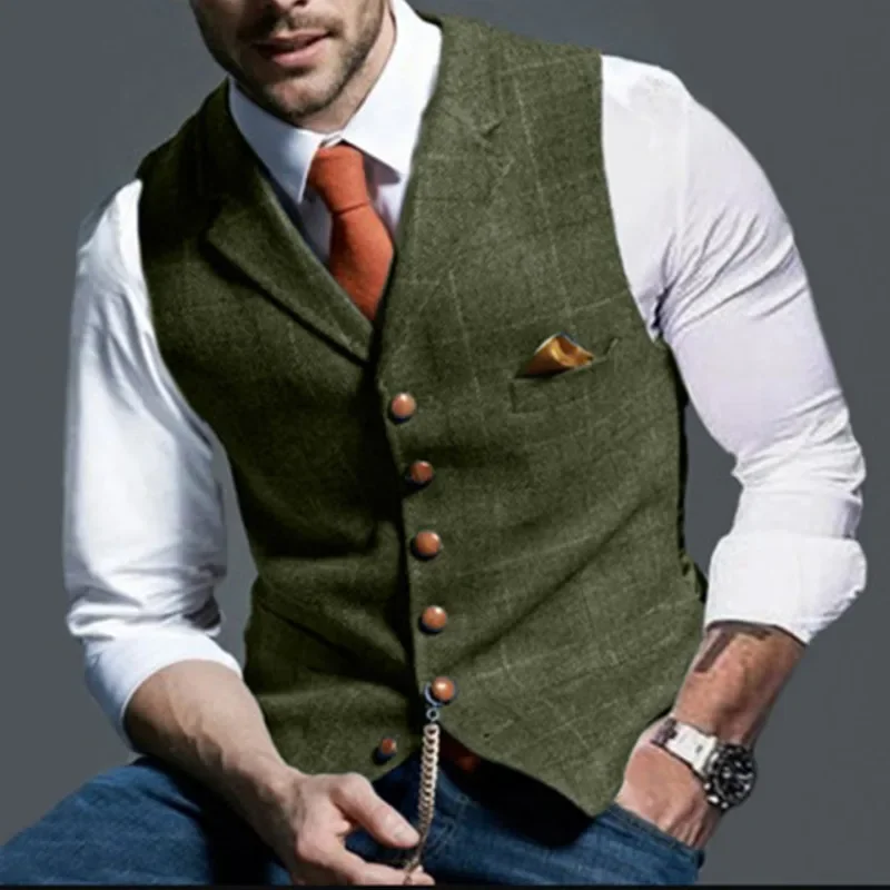 Dress Vests Men's Retro Suit Vest Fashion Plaid Lapel Single-breasted Waistcoat with Pocket Business Casual Formal Vest Tops Men's Clothing