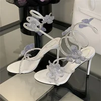Aneikeh Diamond Flower Snake Shaped Winding Belt High-heeled Sandals Round Toe Exposed Toe Roman Sandals Sandalias Mujer - Image 3